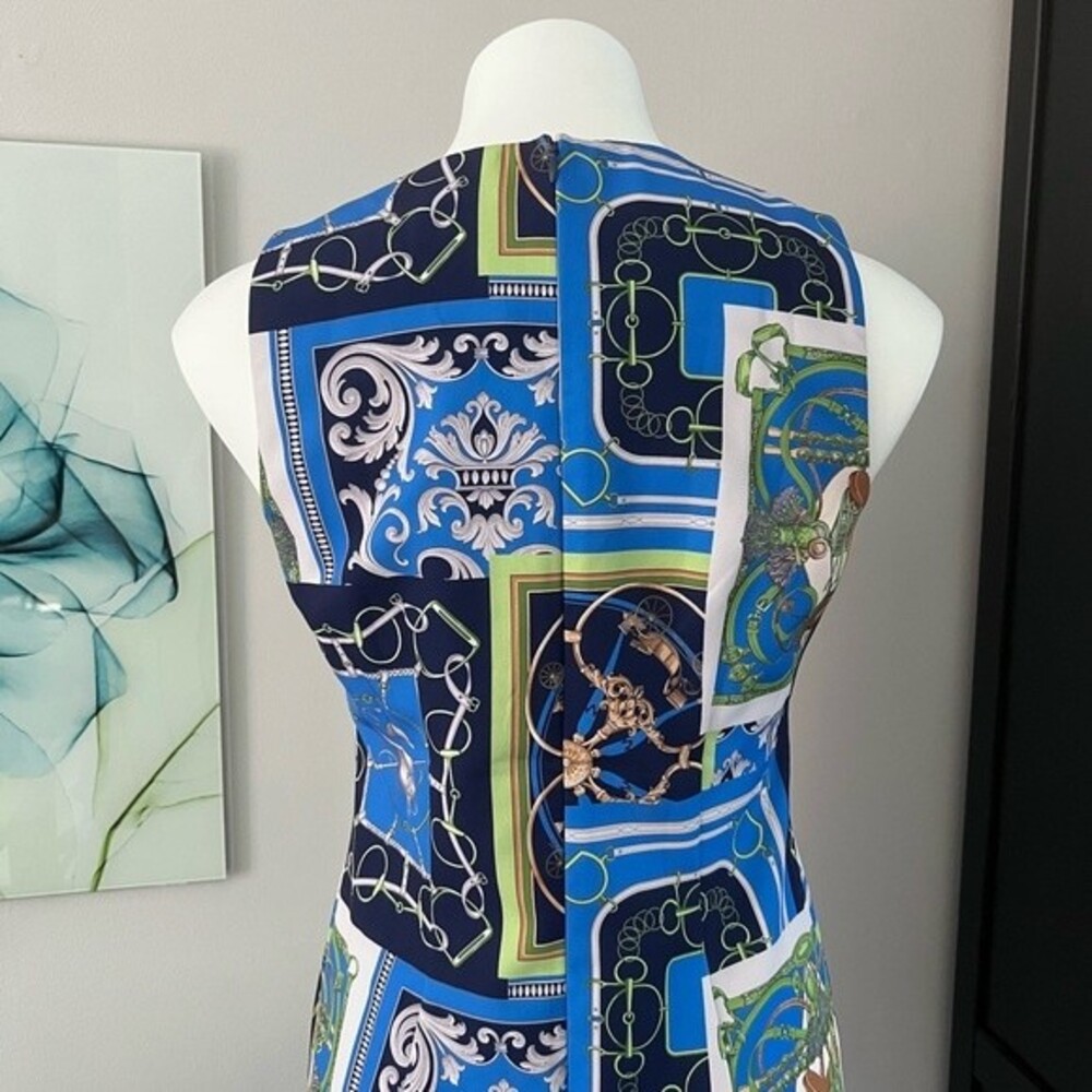 J. McLaughlin NEW Belinda Dress Heraldic Patchwork Print 4 Navy Silver Blue - Picture 4 of 8